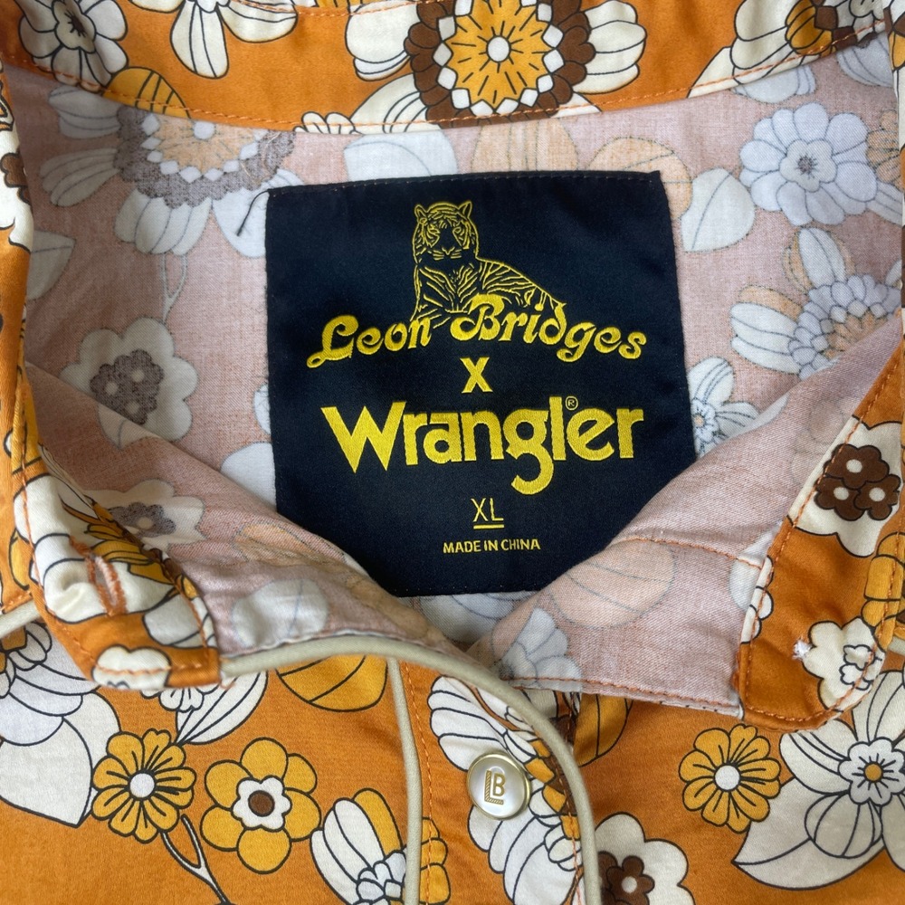 Wrangler x Leon Bridges Western Snap Shirt Women XL Orange Floral Retro 70s - Picture 2 of 10